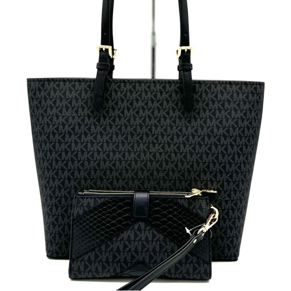 Michael Kors Jet Set Medium Pocket Tote Bag & Double Zip Wallet Black Multi - Picture 5 of 13